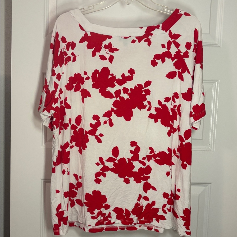 Talbots White & Red Boat Neck Floral Rayon Blend Top SZ 2X plus size work wear - Picture 2 of 11